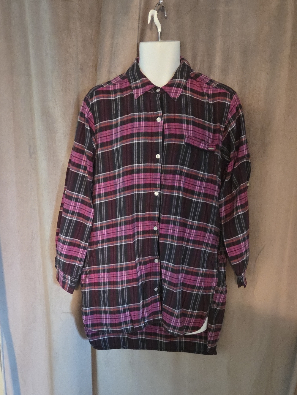 DKNY Dize Large Black and Pink Plaid Button-Front Tunic Shirt